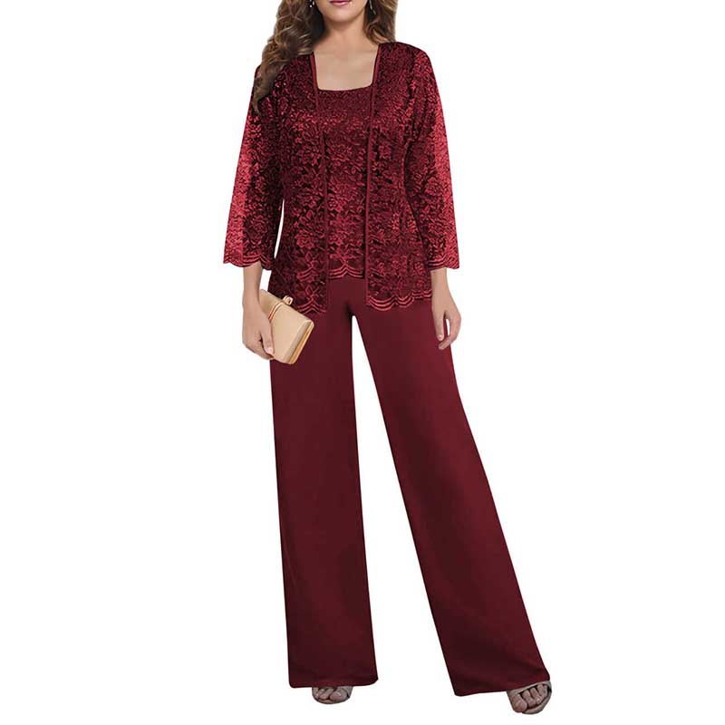 Mother of The Bride Pant Suits Square Neck lace Chiffon 3-Piece Formal Outfit