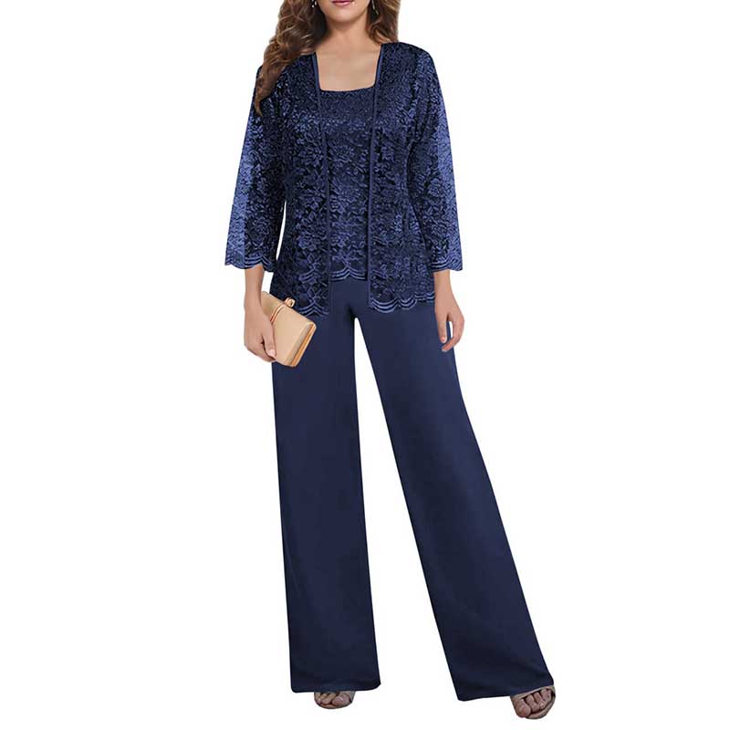 Mother of The Bride Pant Suits Square Neck lace Chiffon 3-Piece Formal Outfit