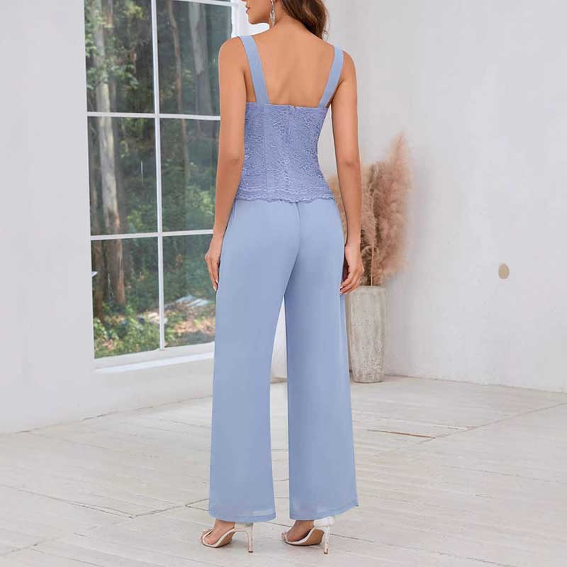 Mother of The Bride Pant Suits Square Neck lace Chiffon 3-Piece Formal Outfit