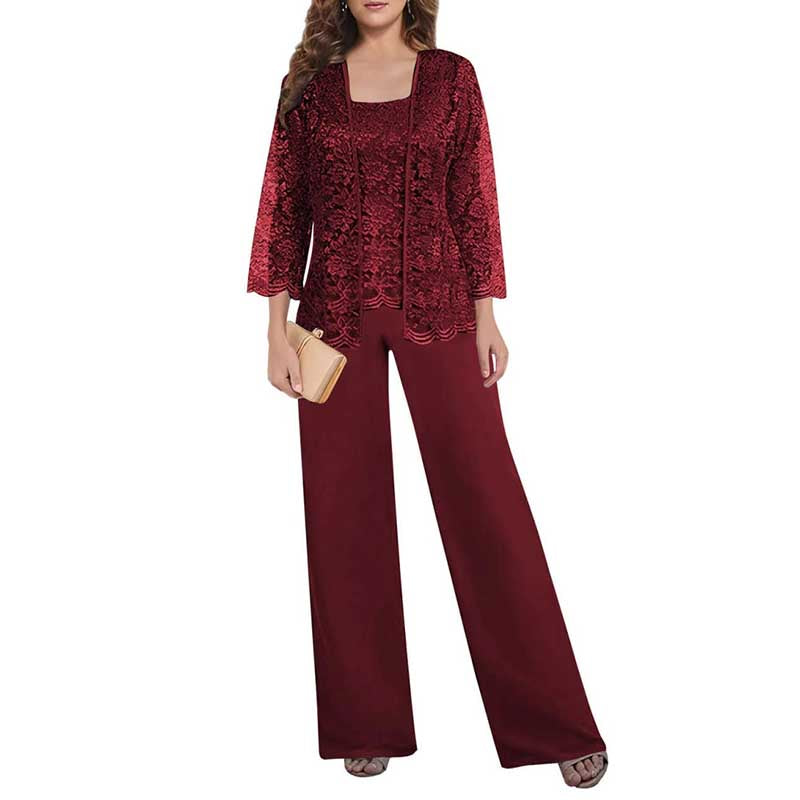 Mother of The Bride Pant Suits Square Neck lace Chiffon 3-Piece Formal Outfit