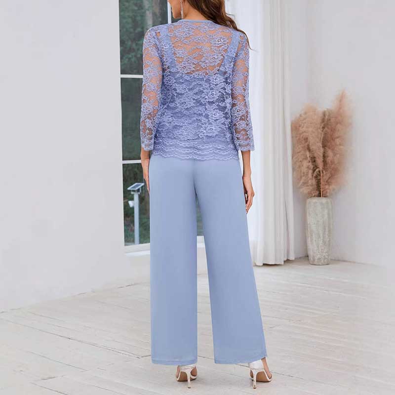 Mother of The Bride Pant Suits Square Neck lace Chiffon 3-Piece Formal Outfit