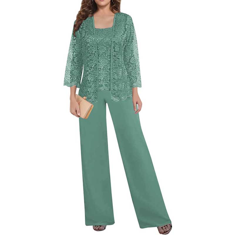 Mother of The Bride Pant Suits Square Neck lace Chiffon 3-Piece Formal Outfit