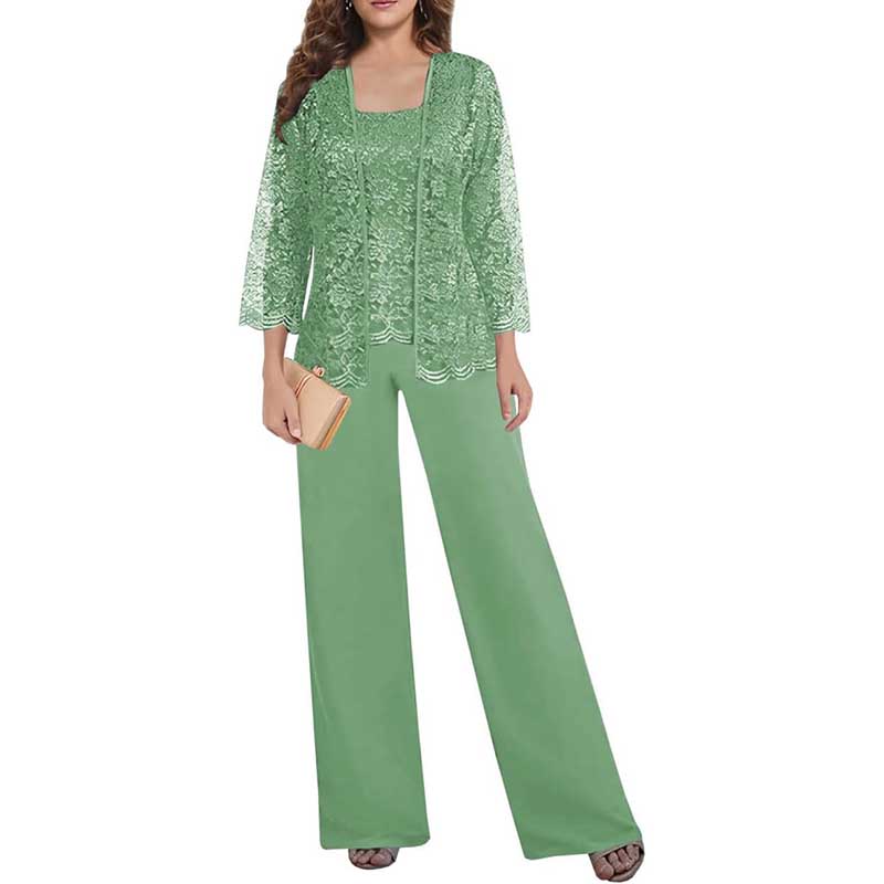 Mother of The Bride Pant Suits Square Neck lace Chiffon 3-Piece Formal Outfit