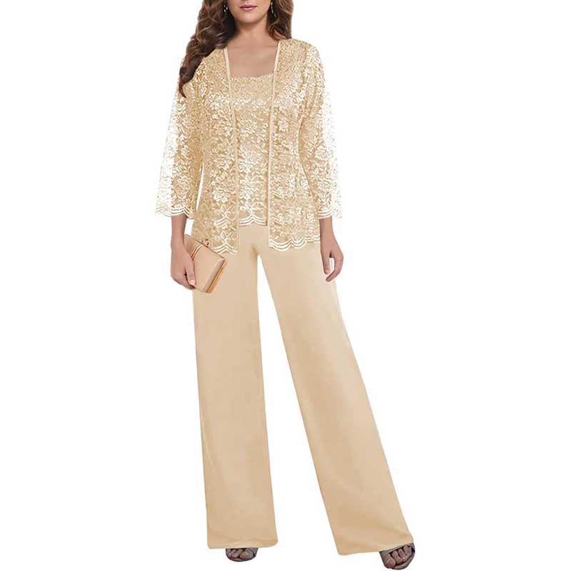 Mother of The Bride Pant Suits Square Neck lace Chiffon 3-Piece Formal Outfit