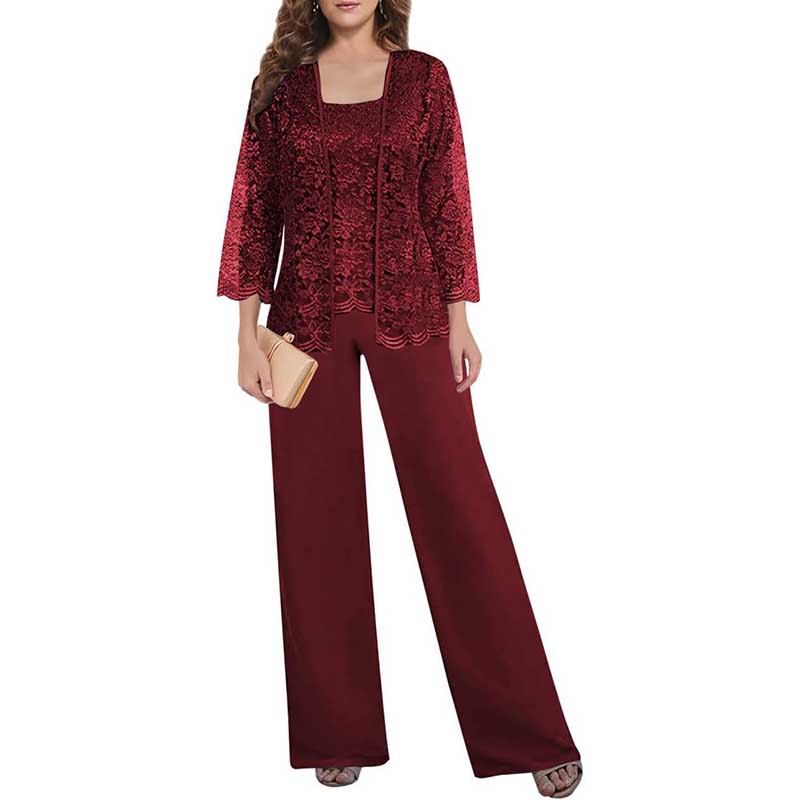 Mother of The Bride Pant Suits Square Neck lace Chiffon 3-Piece Formal Outfit
