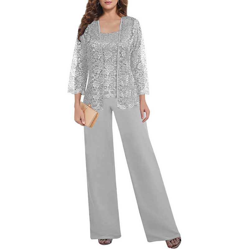 Mother of The Bride Pant Suits Square Neck lace Chiffon 3-Piece Formal Outfit