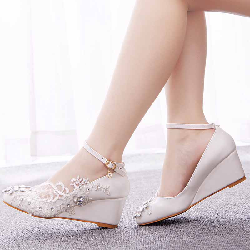 Rounded Toe White Wedges Bridal Sandals 2.17" Lace Wedding Shoes