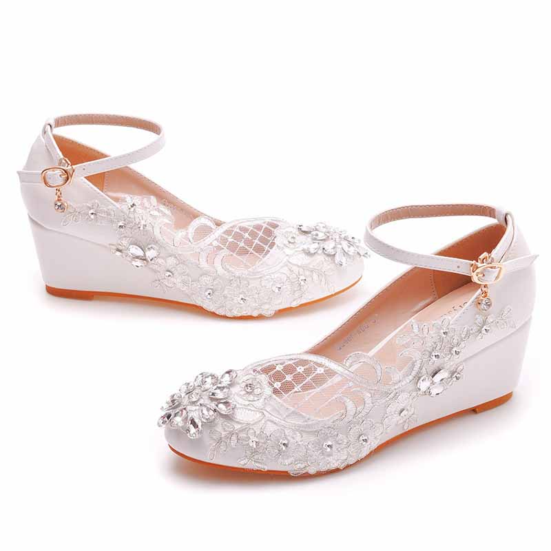 Rounded Toe White Wedges Bridal Sandals 2.17" Lace Wedding Shoes