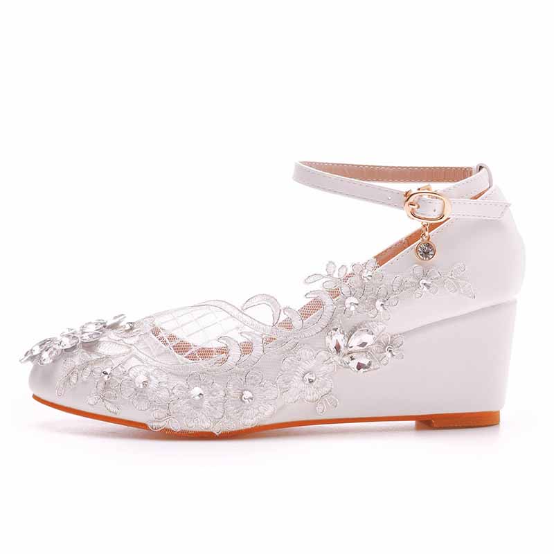Rounded Toe White Wedges Bridal Sandals 2.17" Lace Wedding Shoes