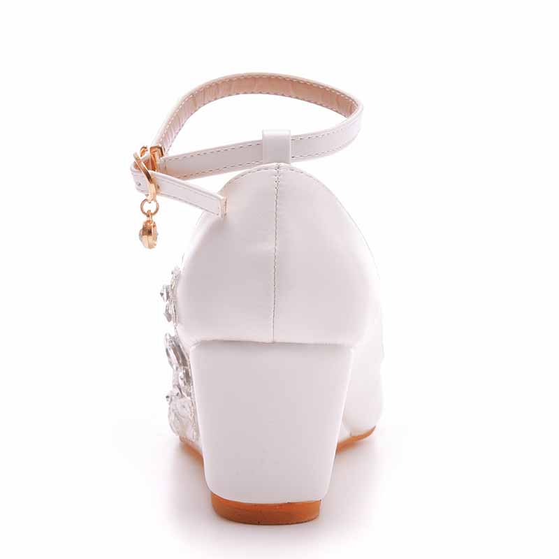 Rounded Toe White Wedges Bridal Sandals 2.17" Lace Wedding Shoes