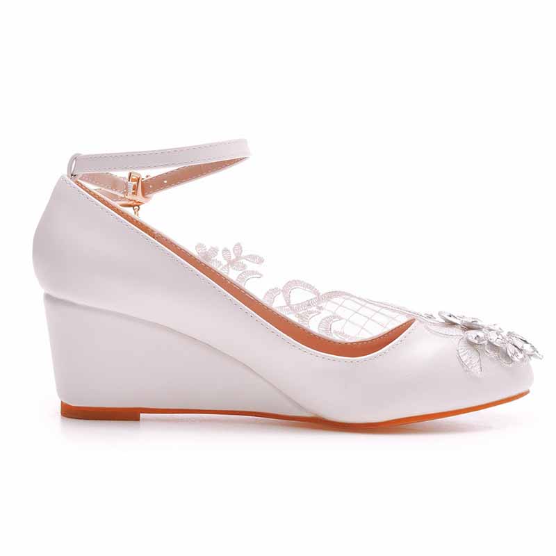 Rounded Toe White Wedges Bridal Sandals 2.17" Lace Wedding Shoes