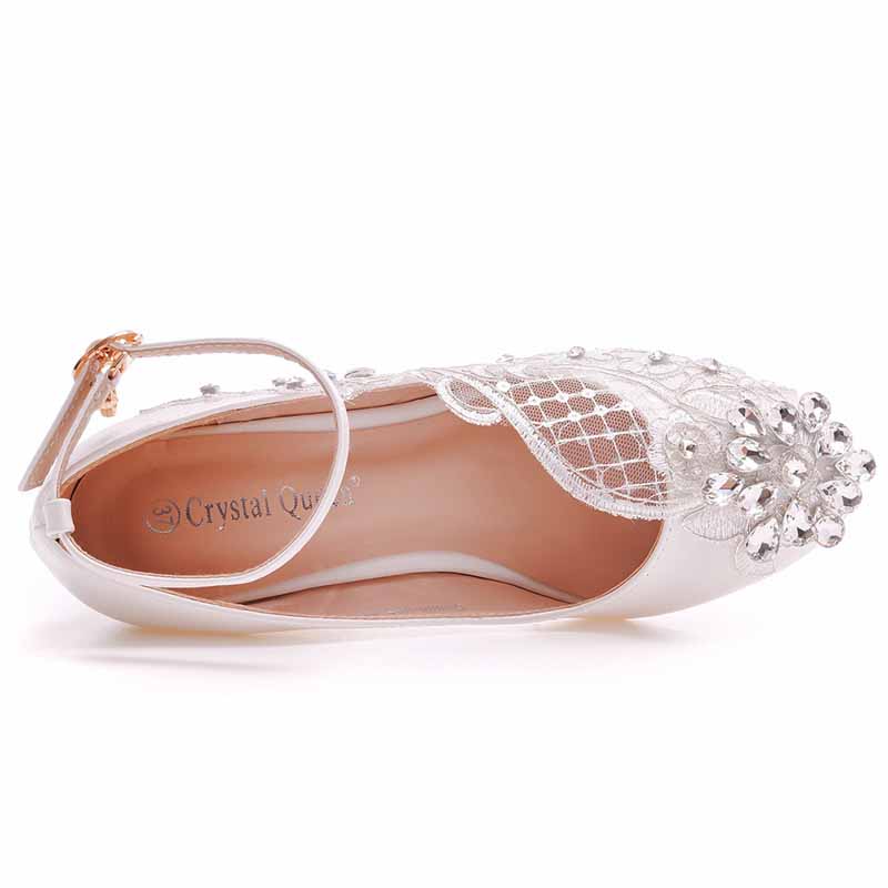 Rounded Toe White Wedges Bridal Sandals 2.17" Lace Wedding Shoes