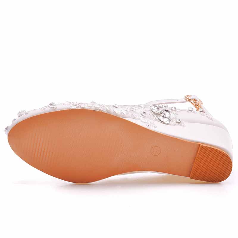 Rounded Toe White Wedges Bridal Sandals 2.17" Lace Wedding Shoes