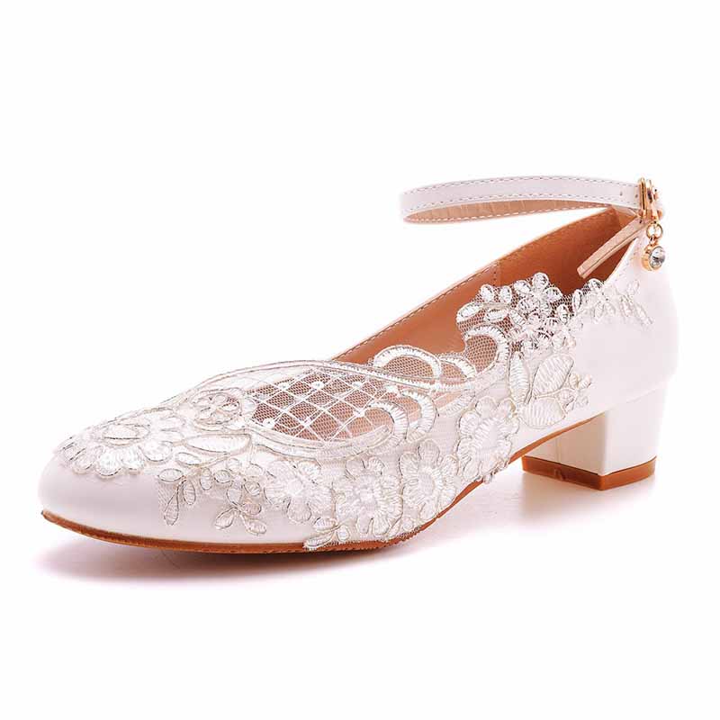 Square Toe White Chunky Sandals Bridal White Lace Wedding Shoes