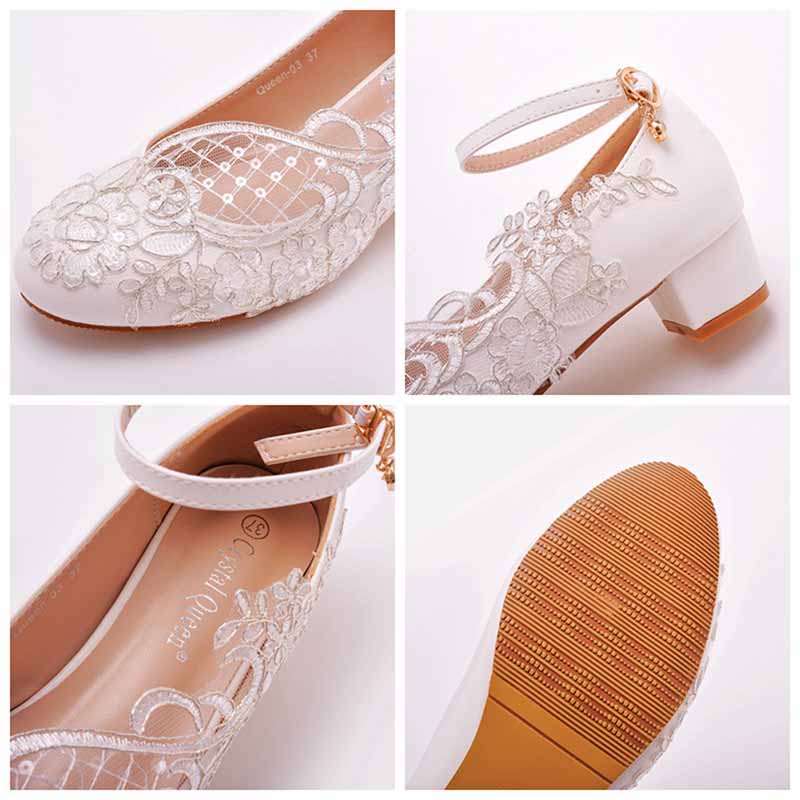 Square Toe White Chunky Sandals Bridal White Lace Wedding Shoes