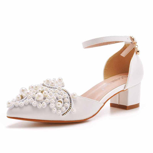 Women Block Heels Wedding Shoes With Pearls