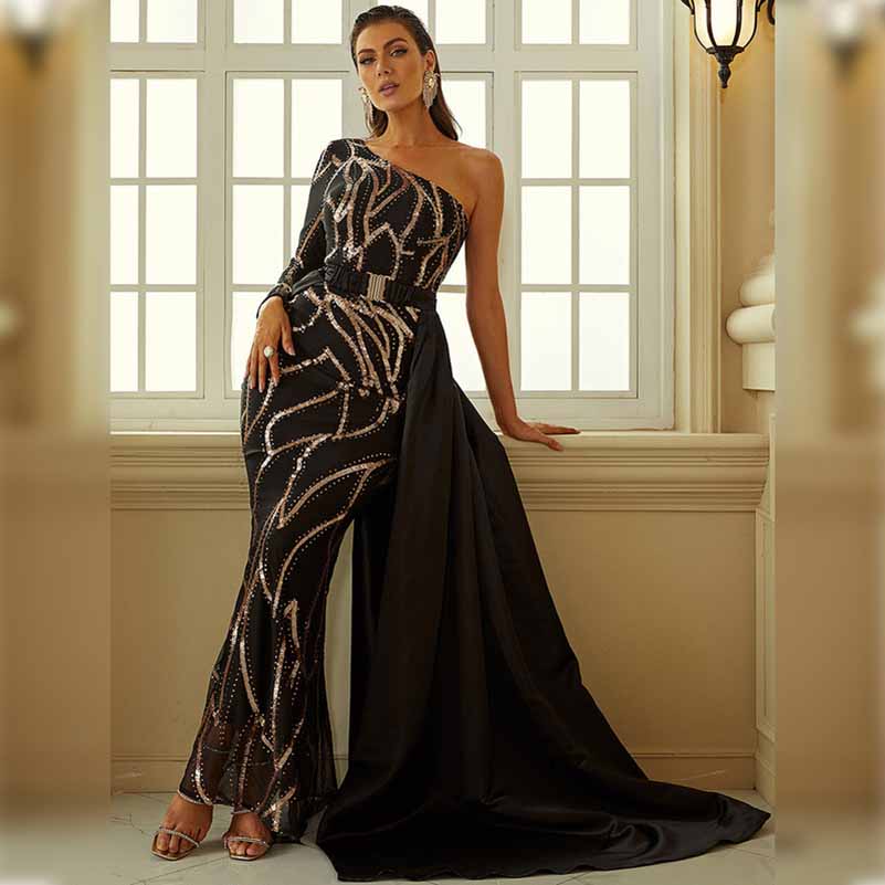 One Shoulder Black Sequin Prom Dress Sleeveless Evening Ball Gowns