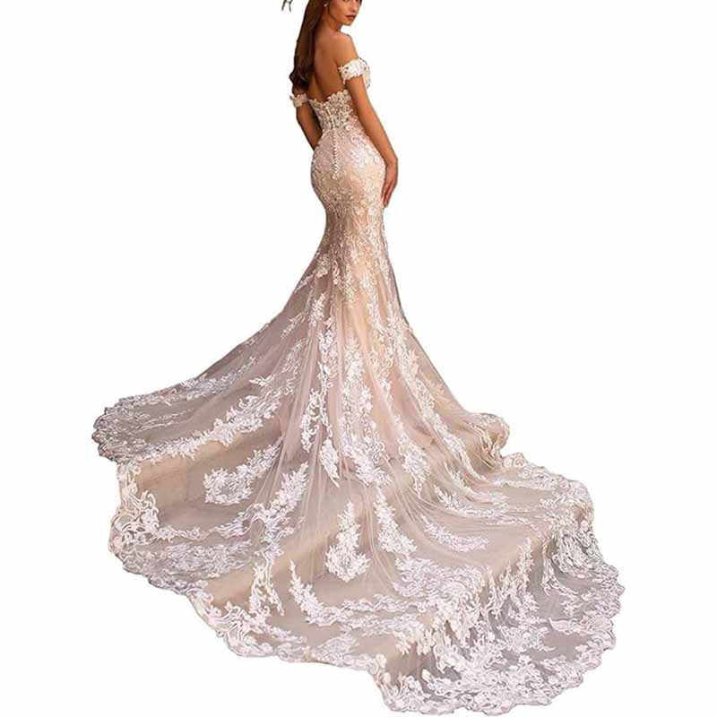 Off Shoulder Lace Mermaid Wedding Dress Bridal Party Gown