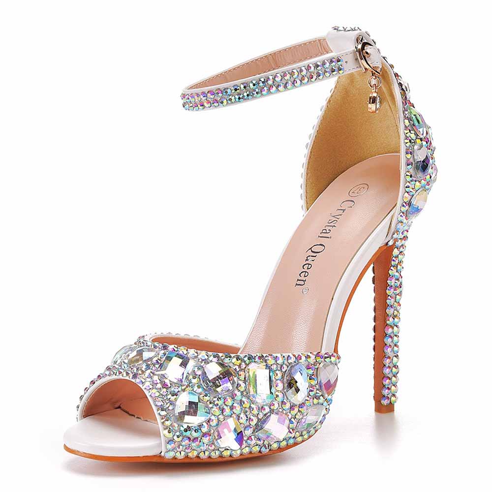 Silver High Heels Dress Rhinestones Open Toe Pumps 4.33"