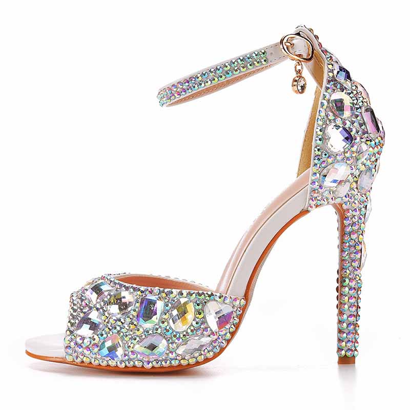 Silver High Heels Dress Rhinestones Open Toe Pumps 4.33"