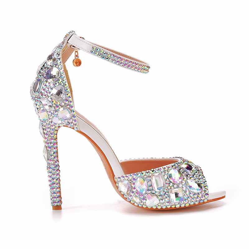 Silver High Heels Dress Rhinestones Open Toe Pumps 4.33"