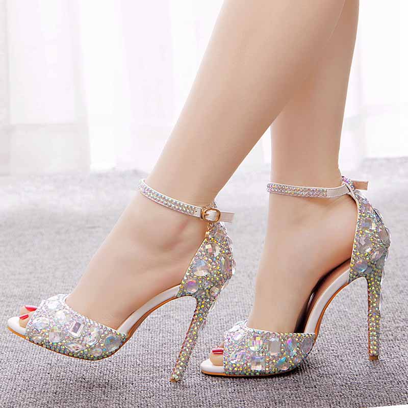 Silver High Heels Dress Rhinestones Open Toe Pumps 4.33"