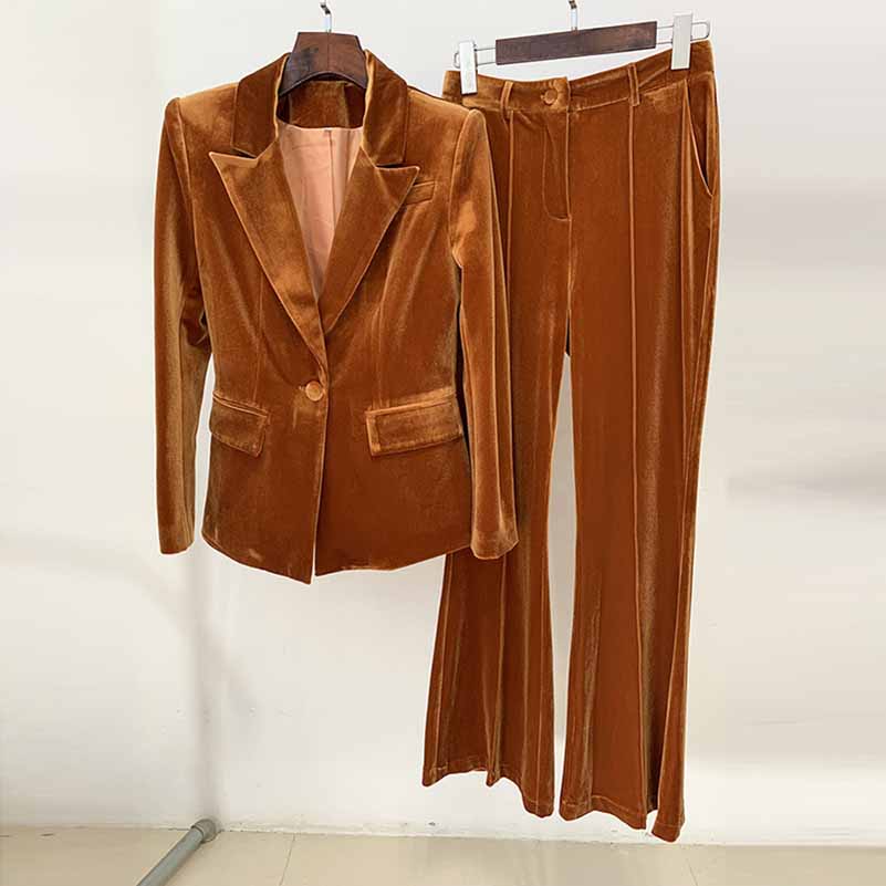 Women’s Velvet Pantsuit in Brown | Flare Leg & Mid-High Waist Style