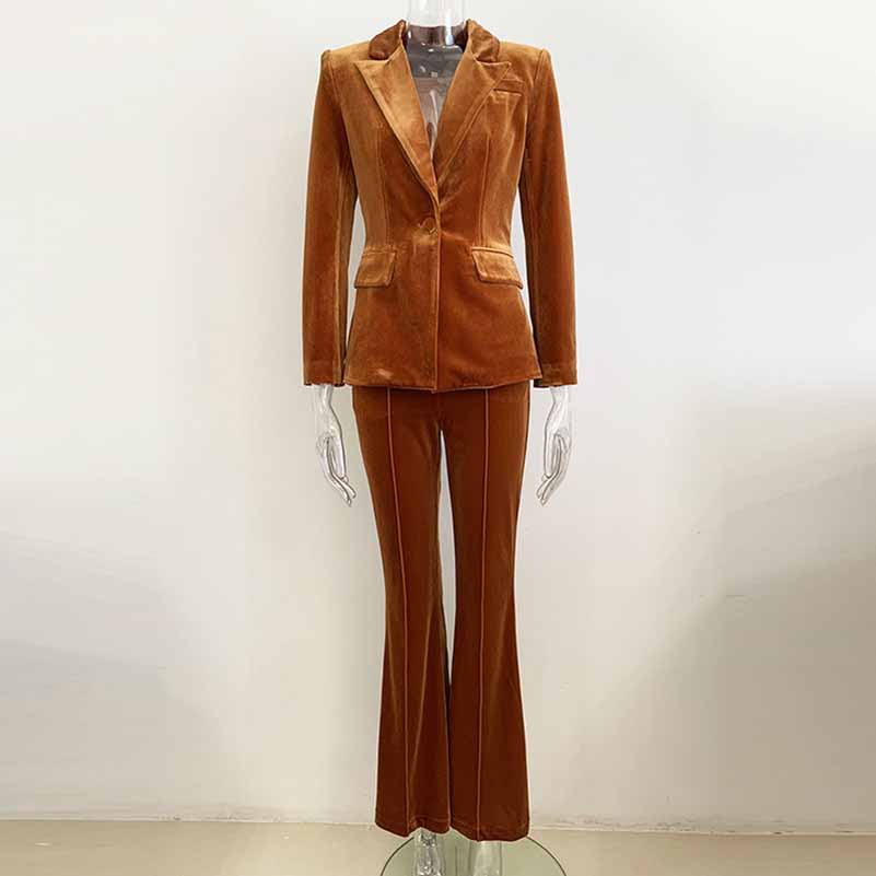 Women’s Velvet Pantsuit in Brown | Flare Leg & Mid-High Waist Style
