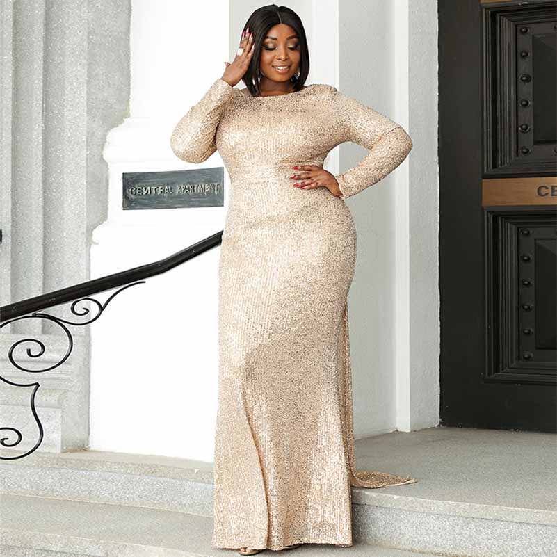Plus Size Gold Sequin Prom Dresses Long Formal Wedding Ball Dress
