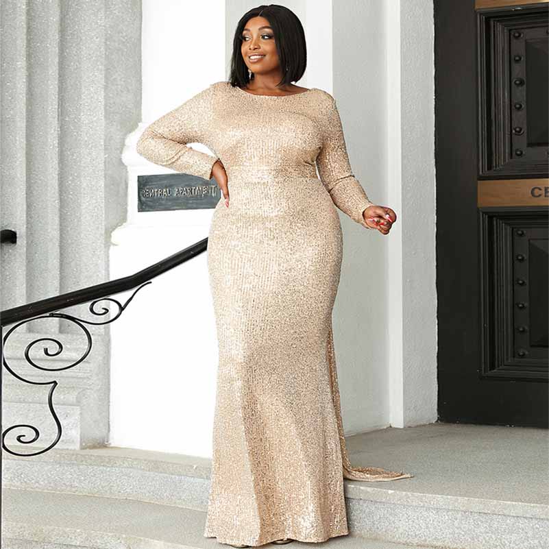 Plus Size Gold Sequin Prom Dresses Long Formal Wedding Ball Dress