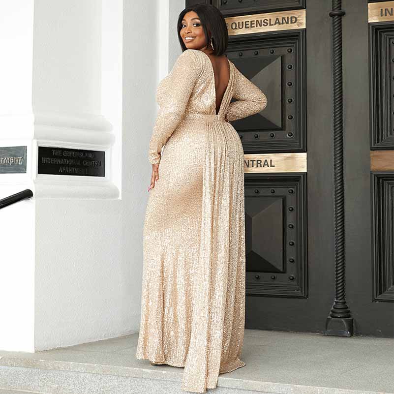 Plus Size Gold Sequin Prom Dresses Long Formal Wedding Ball Dress