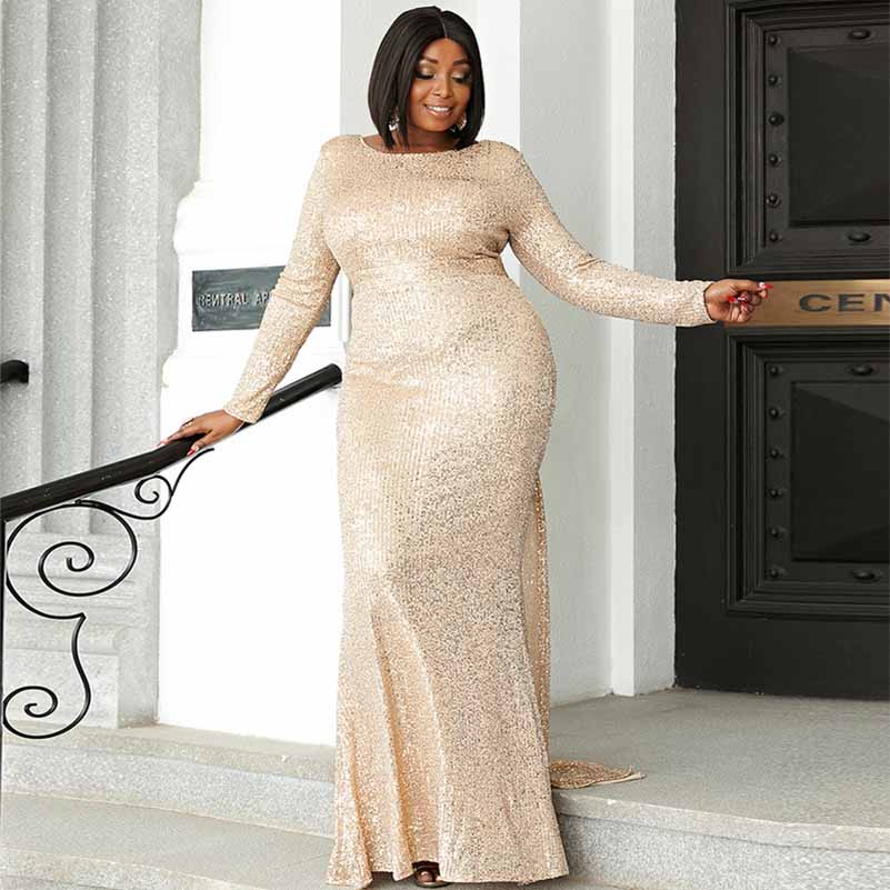 Plus Size Gold Sequin Prom Dresses Long Formal Wedding Ball Dress
