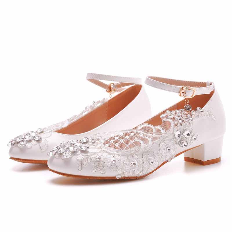 Square Toe White Chunky Sandals Bridal White Lace Wedding Shoes