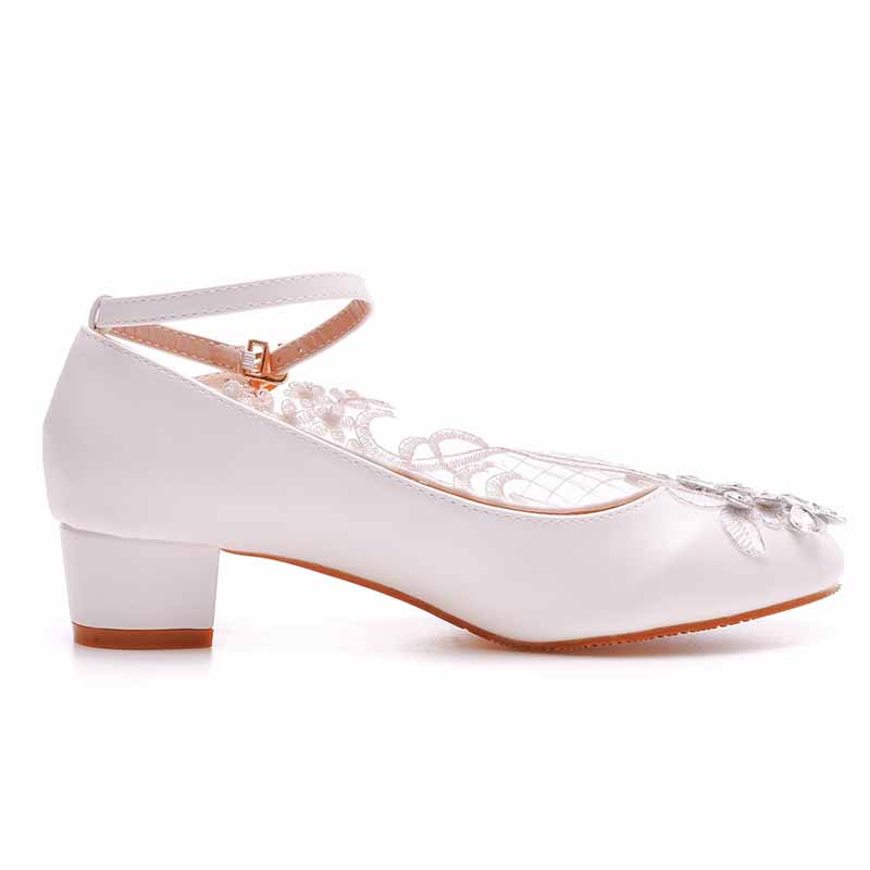 Square Toe White Chunky Sandals Bridal White Lace Wedding Shoes
