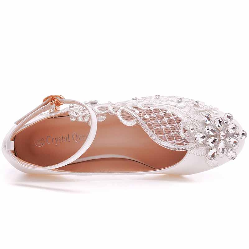 Square Toe White Chunky Sandals Bridal White Lace Wedding Shoes