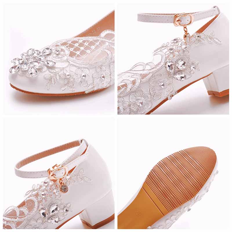 Square Toe White Chunky Sandals Bridal White Lace Wedding Shoes