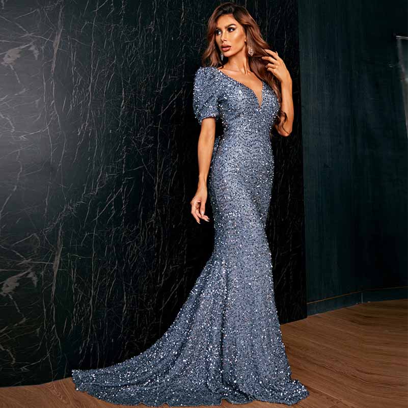 Mermaid Long Sequin Prom Dress Short Sleeves V-Neck Evening Party Gowns