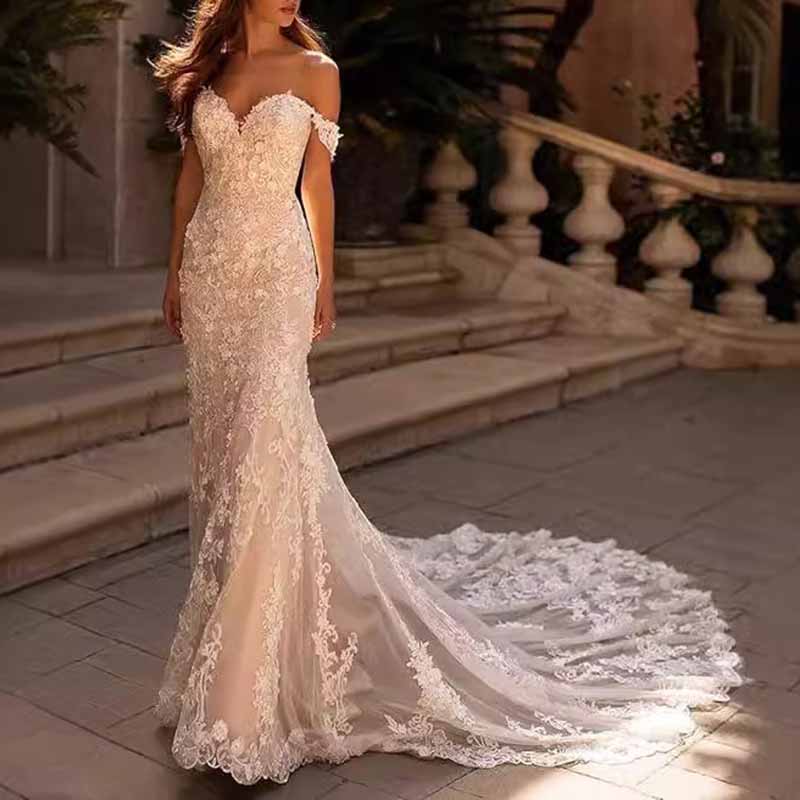 Off Shoulder Lace Mermaid Wedding Dress Bridal Party Gown