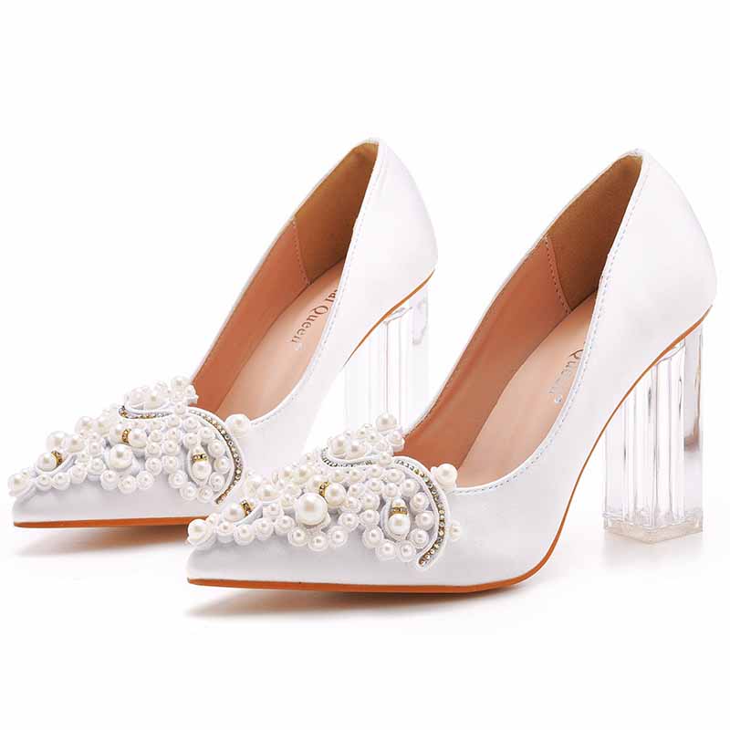 Low Block Heel Sandals Chunky Pearl Wedding Shoes With Clear Heels