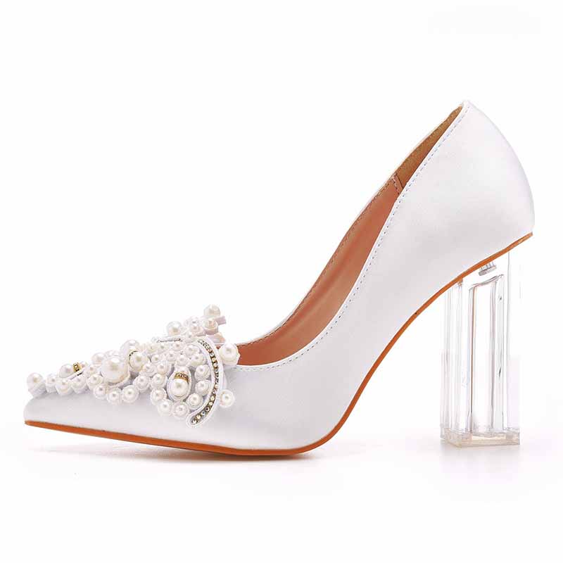 Low Block Heel Sandals Chunky Pearl Wedding Shoes With Clear Heels