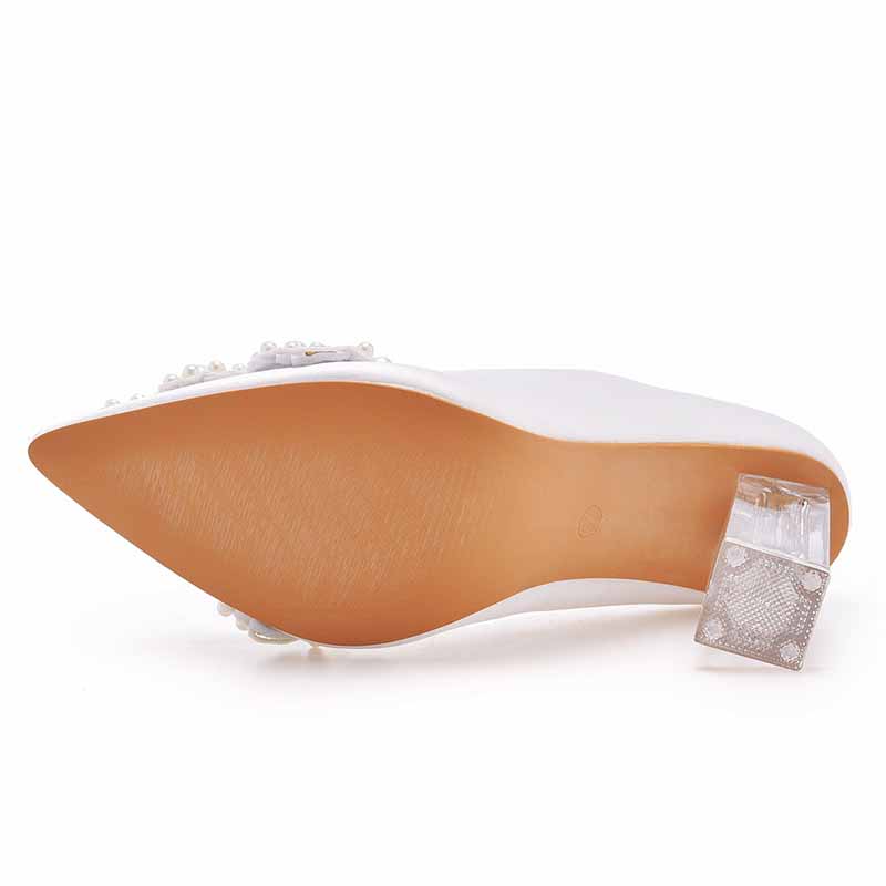 Low Block Heel Sandals Chunky Pearl Wedding Shoes With Clear Heels