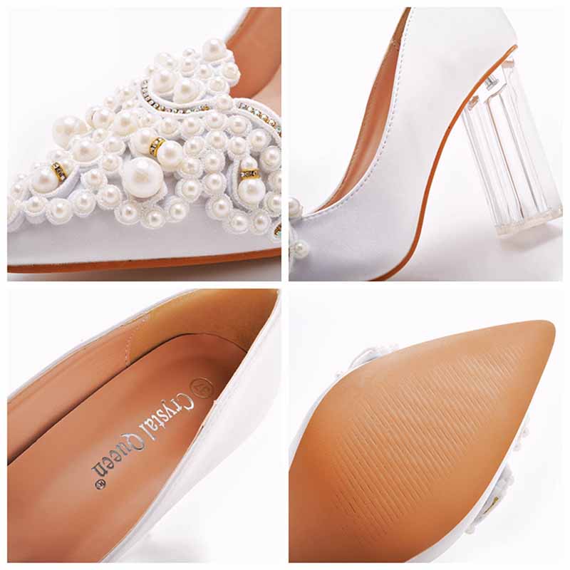 Low Block Heel Sandals Chunky Pearl Wedding Shoes With Clear Heels
