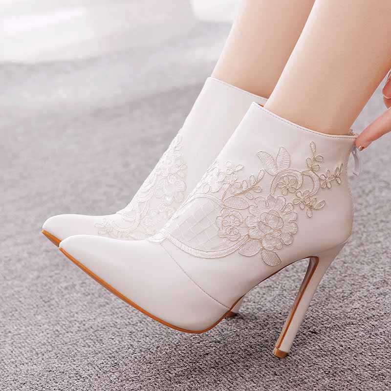 White Boots Appliqued Pointed Toe Stiletto High Heel Wedding Boots