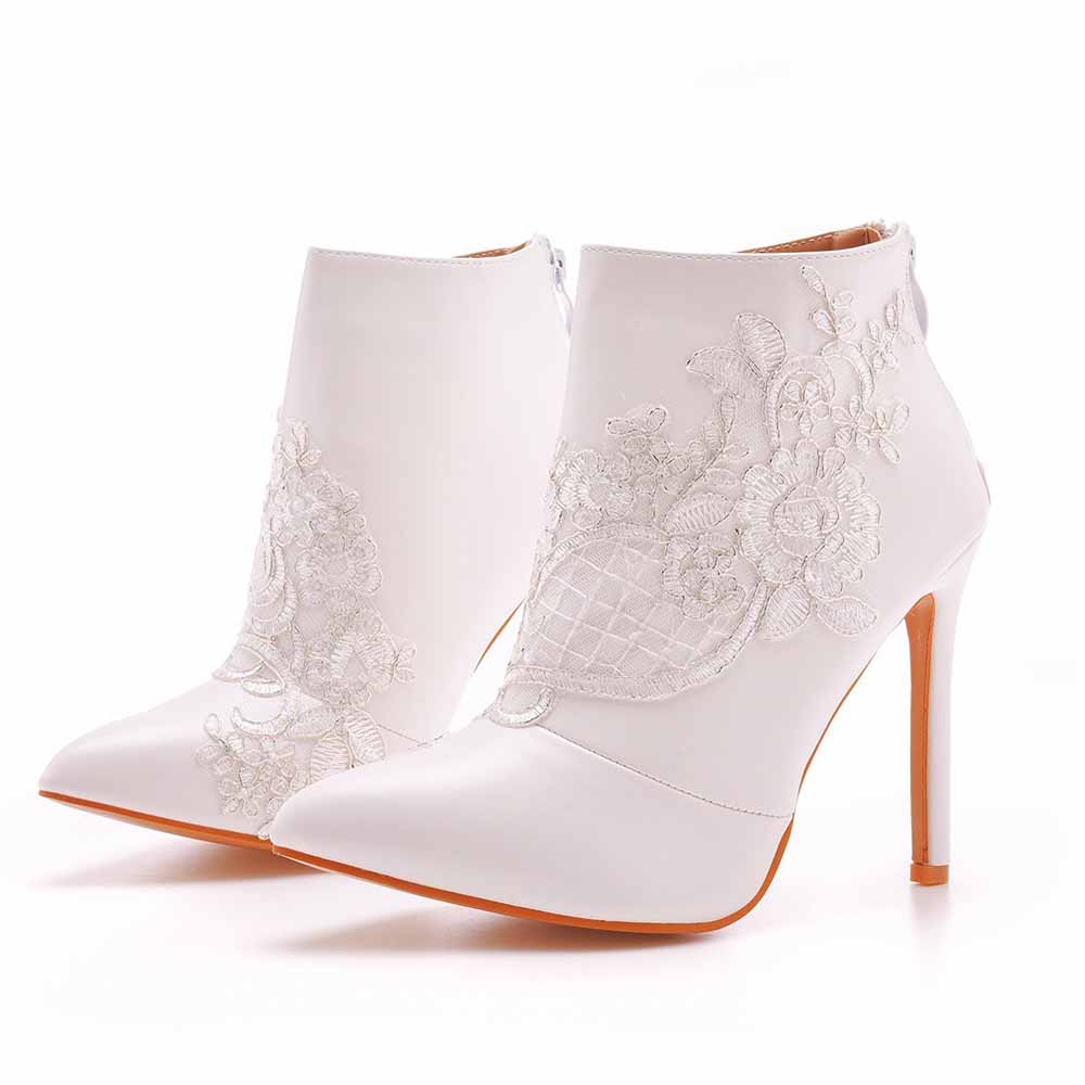 White Boots Appliqued Pointed Toe Stiletto High Heel Wedding Boots