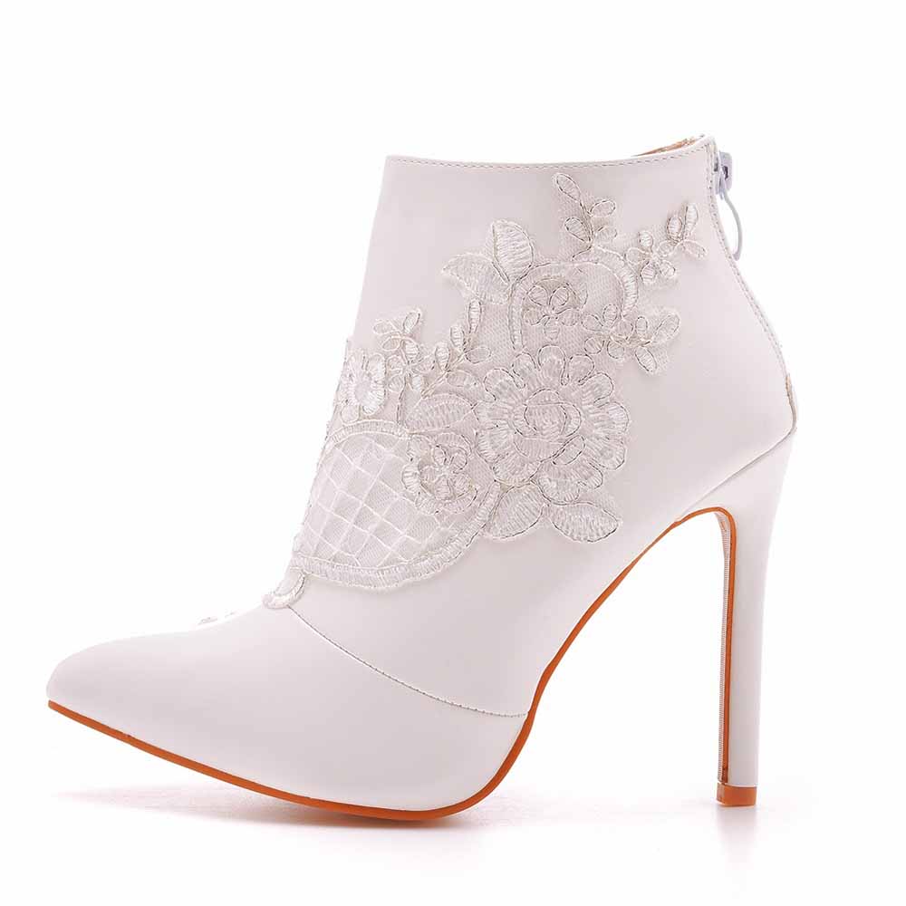 White Boots Appliqued Pointed Toe Stiletto High Heel Wedding Boots