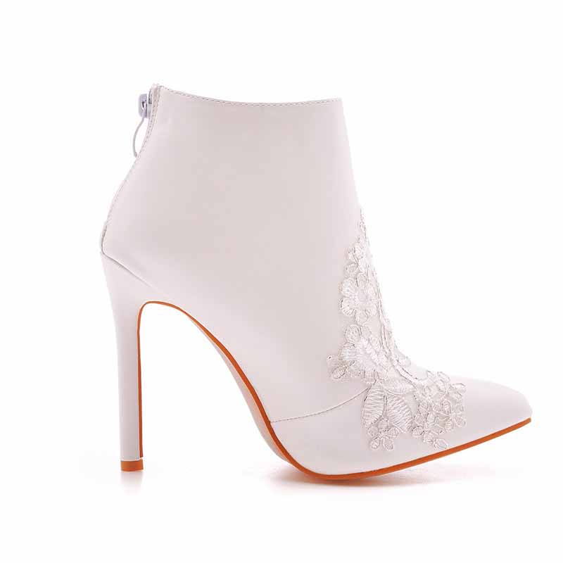 White Boots Appliqued Pointed Toe Stiletto High Heel Wedding Boots