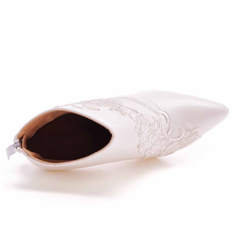 White Boots Appliqued Pointed Toe Stiletto High Heel Wedding Boots