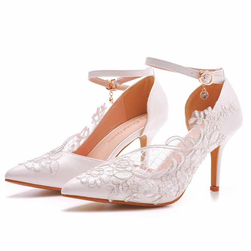 White lace Ankle Strap High Heel Sandals Bridal White Lace Wedding Shoes