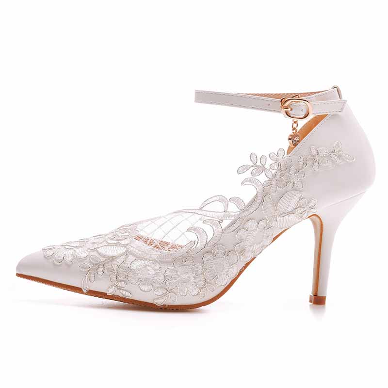 White lace Ankle Strap High Heel Sandals Bridal White Lace Wedding Shoes
