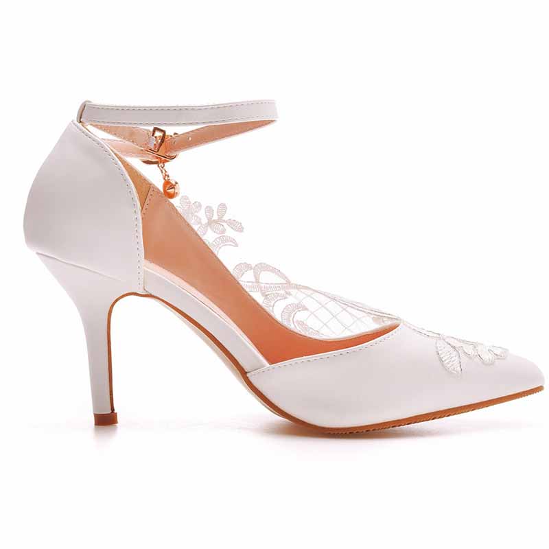 White lace Ankle Strap High Heel Sandals Bridal White Lace Wedding Shoes